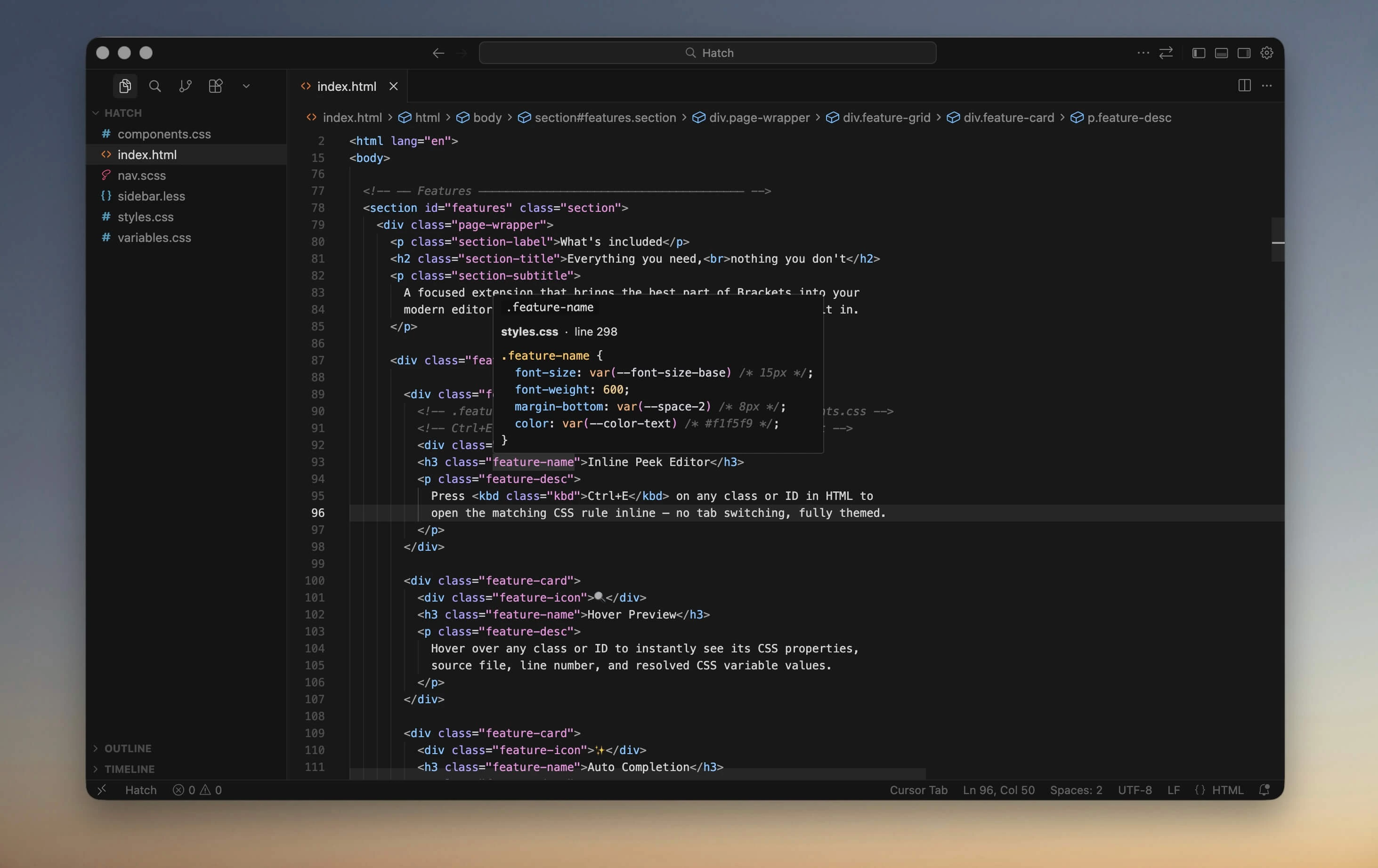 Hover preview showing CSS declarations in the editor