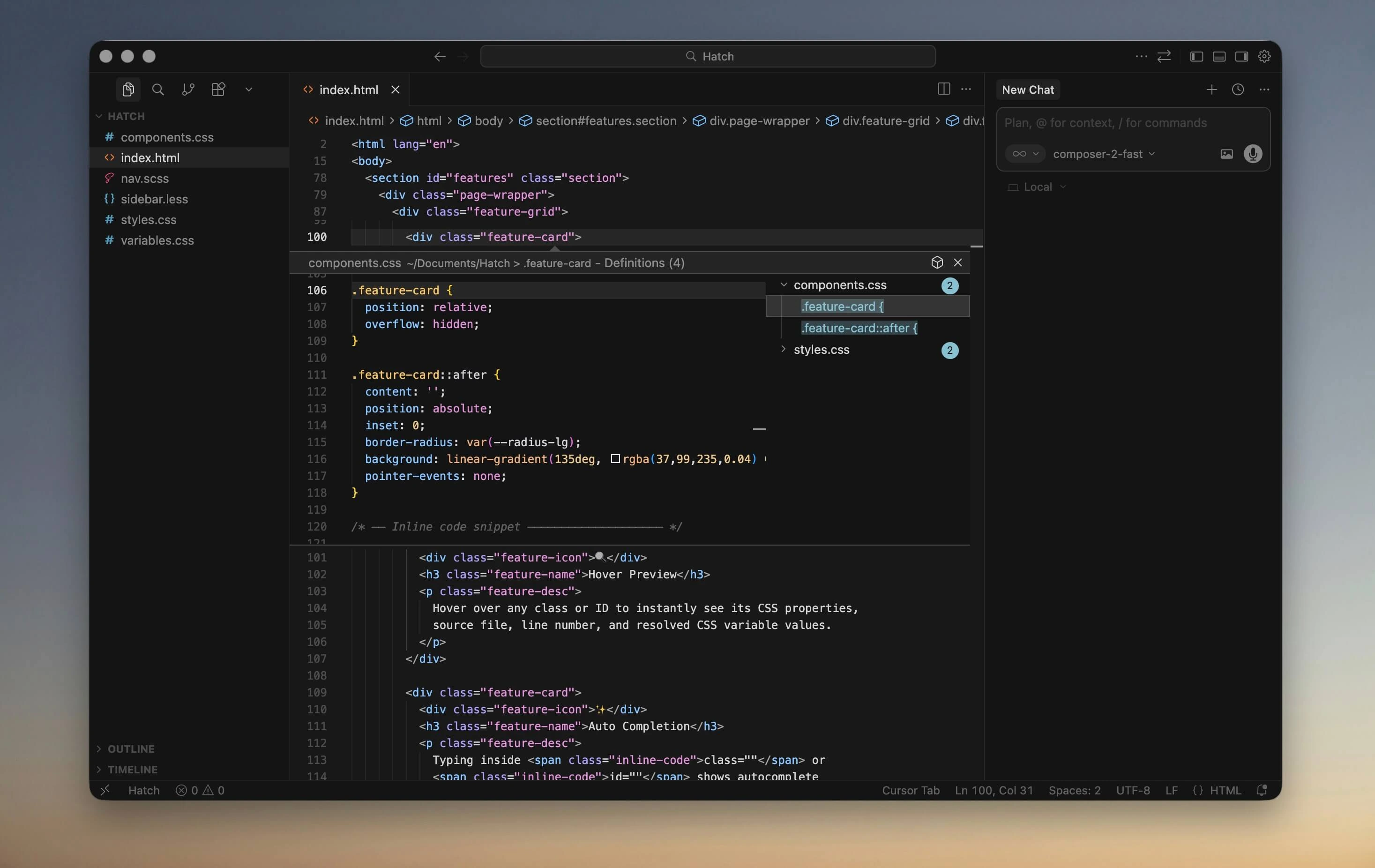Inline CSS peek editor below HTML in Cursor