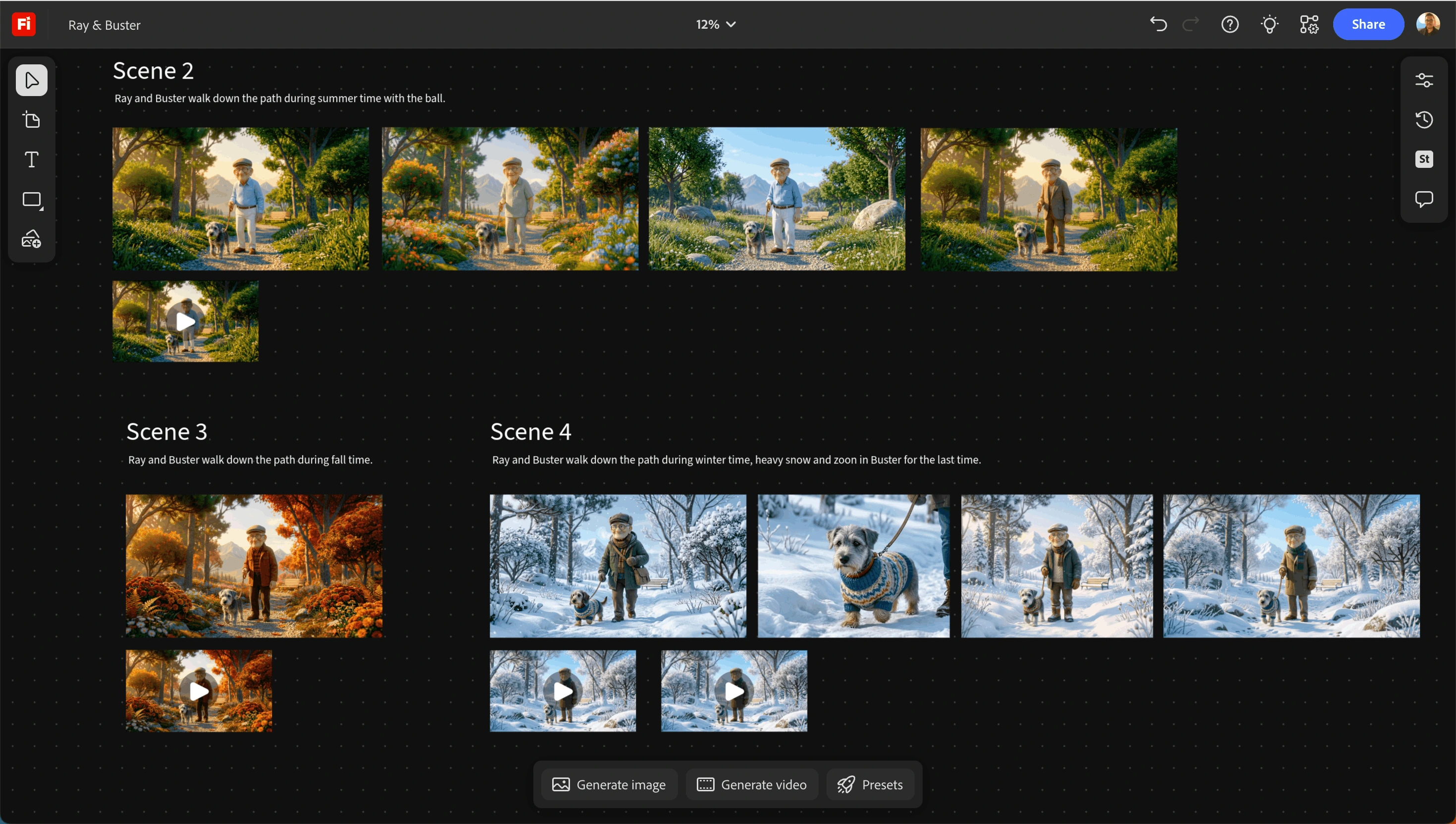 Firefly Board with Ray and Buster scenes across summer, fall, and winter.