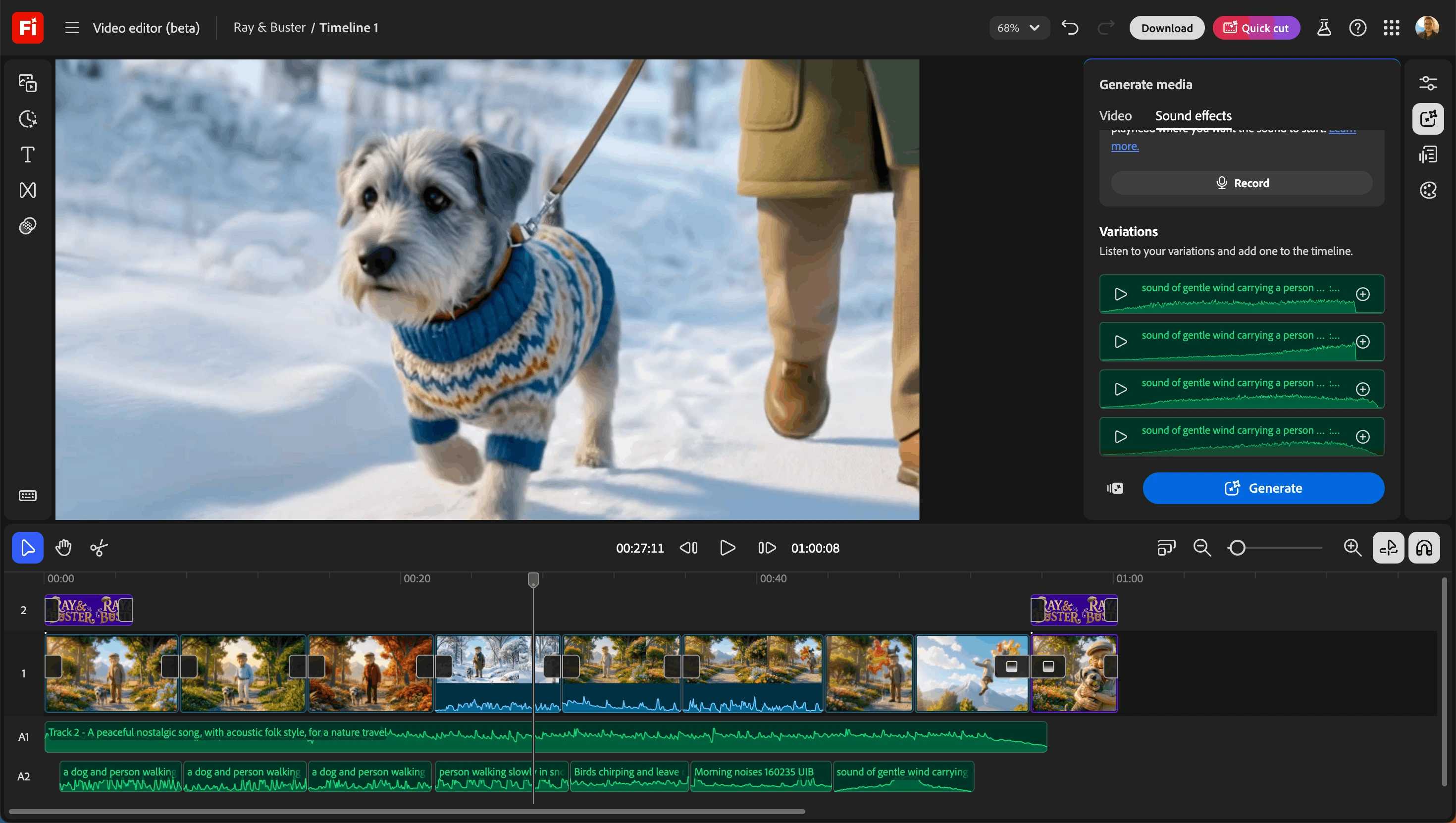 Video editor timeline with picture, titles, music, and sound effects tracks.