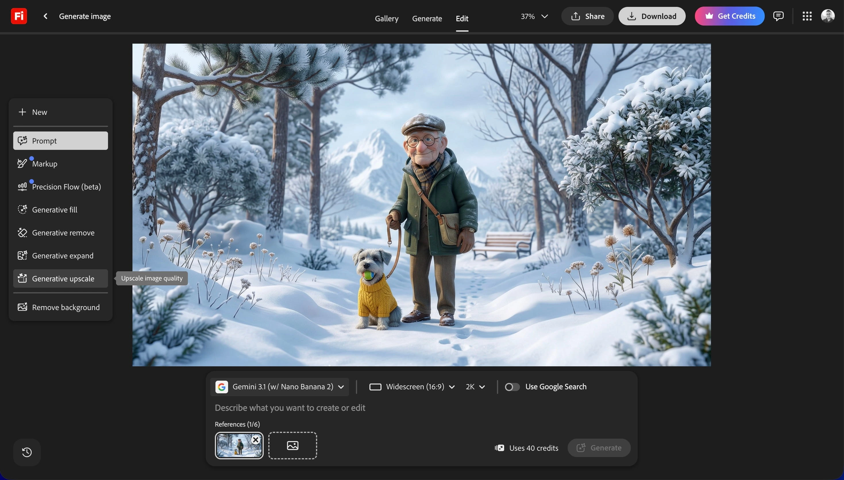 Firefly Generate: Gemini model, prompt, and widescreen frame for Ray and Buster in the snow.